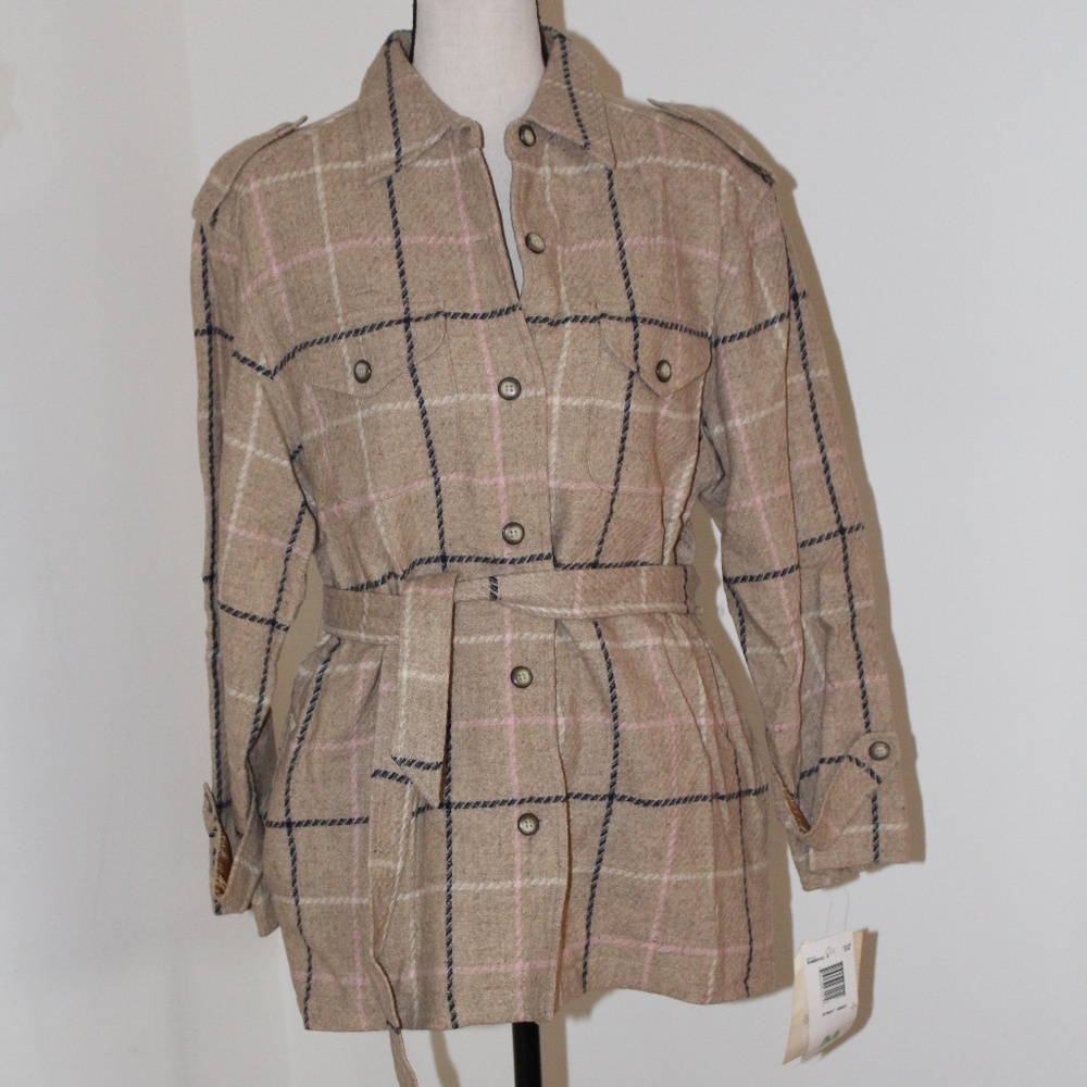 Lizsport, Vintage Wool blend belted Plaid shacket Jacket